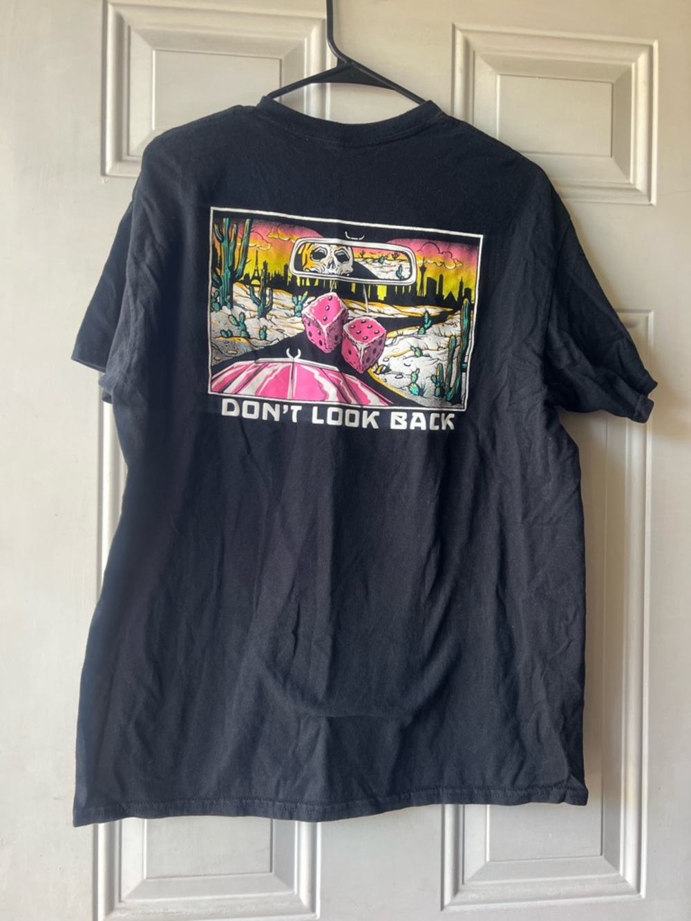 Retrofit Black Tee with Pink Dice and Sunset Desert Graphic
